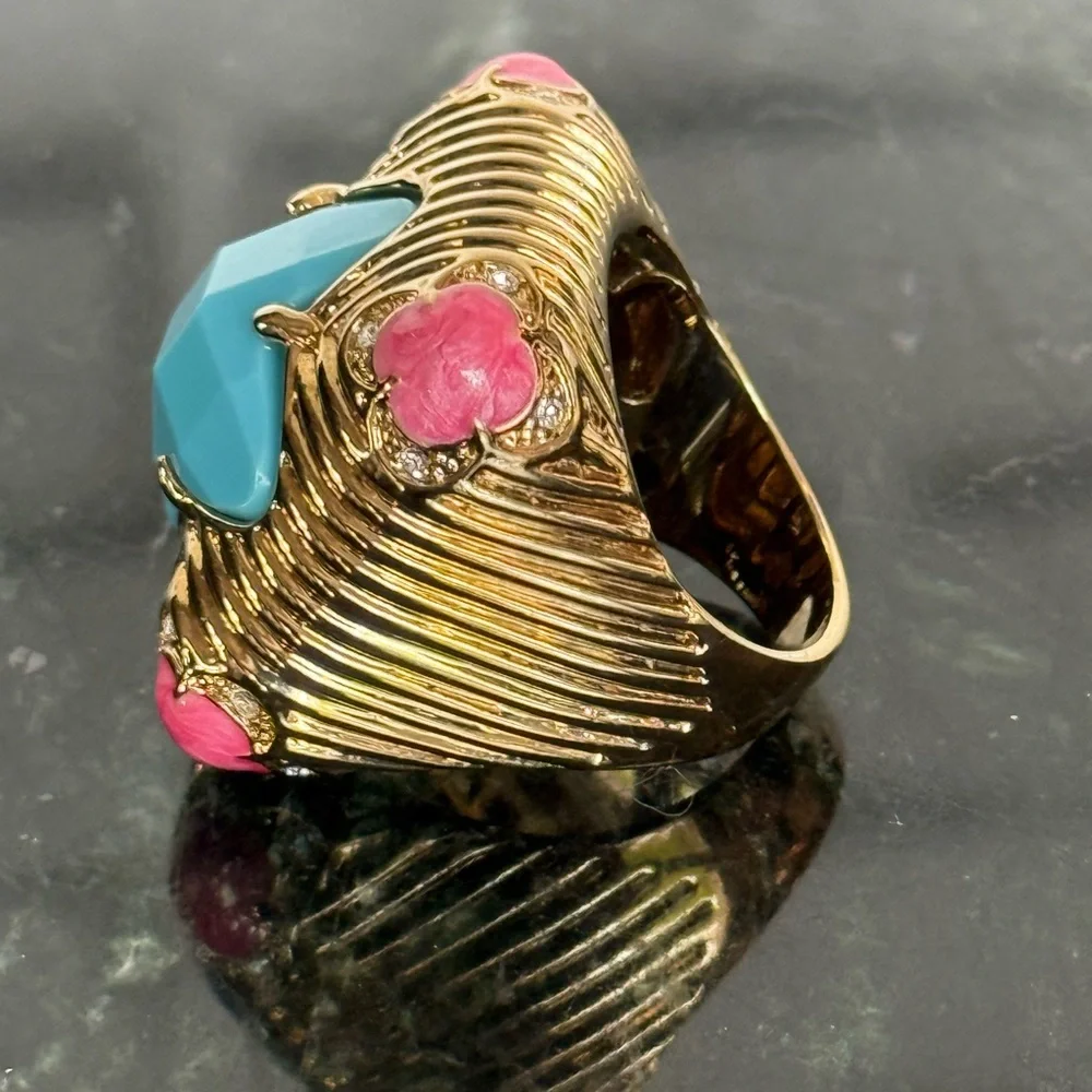 Lauren G Adams Gold and Blue Artisan Ring with Turquoise Centerpiece - Picture 3 of 8